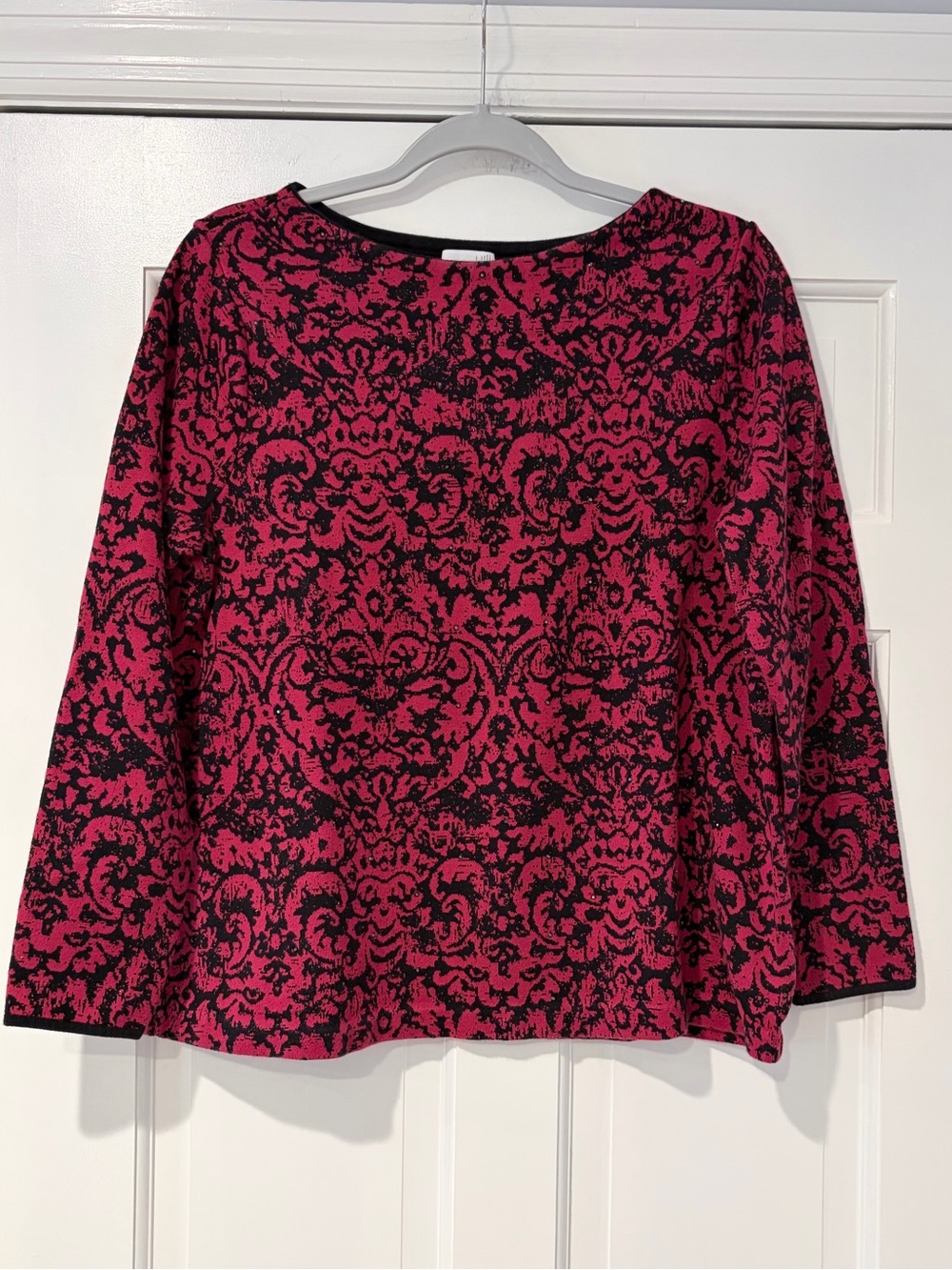 J. Jill Petite Large Red Black Jacquard Rhinestone Embellished Sweater